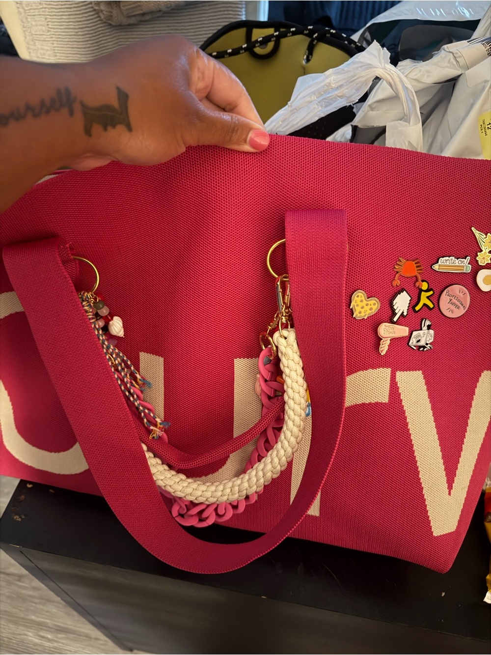 Curves Bright Pink Canvas Tote with Cream Braided Accent - Picture 2 of 3